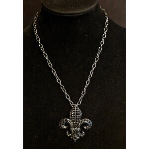 Gunmetal Color Black Rhinestone Fleur-de-lis 2" Pendant Necklace 16" Chain